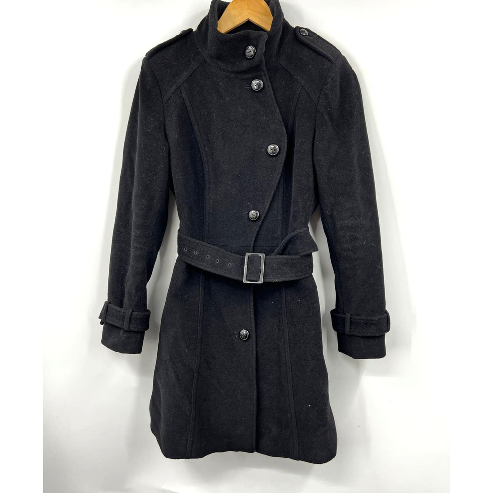 Cole Haan Womens Coat Size 4 Button Front Belted Trench Wool Blend Black